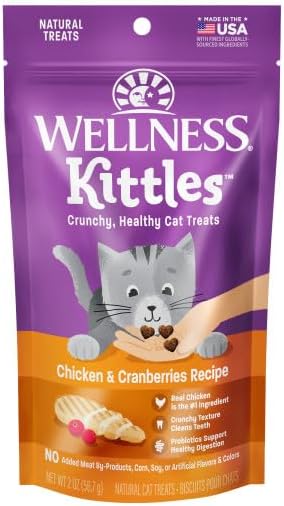 Wellness Kittles Crunchy Cat Treats, All Lifestages, Kitten to Senior, Natural, Grain Free, Chicken and Cranberry Flavor, 2 oz Bag