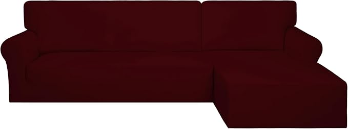 PureFit Super Stretch Sectional Couch Covers - 2 pcs Spandex Non Slip Sofa Covers with Elastic Bottom for L Shape Sectional Sofa Couch, Great for Kids & Pets (3 Seat Sofa + 2 Seat Chaise, Wine)