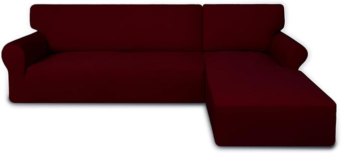 PureFit Super Stretch Sectional Couch Covers - 2 pcs Spandex Non Slip Sofa Covers with Elastic Bottom for L Shape Sectional Sofa Couch, Great for Kids & Pets (3 Seat Sofa + 3 Seat Chaise, Wine)
