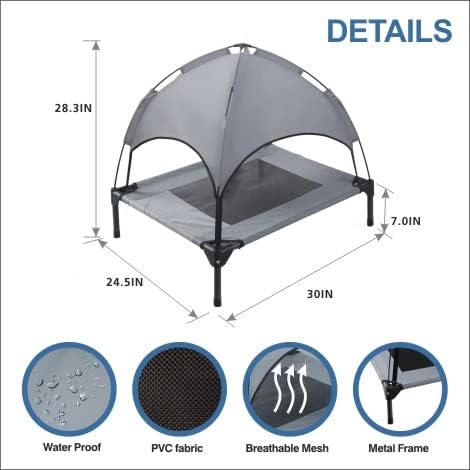 Small Elevated Dog Bed with Canopy - Upgraded 30IN Outdoor Raised Dog Cot Bed with Removable Shade Tent, Pet Cot Gray(S Size)