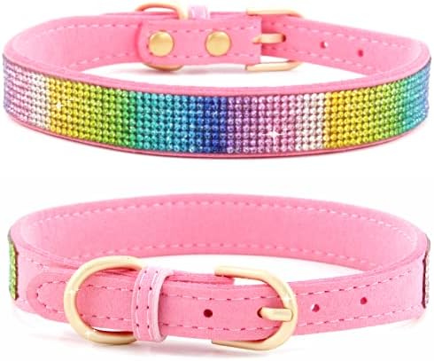 Haoyueer Rhinestone Dog Collar, Cute Dazzling Sparkling Soft Suede Leather Dog Cat Rhinestone Collar Crystal Diamond Pet Dog Puppy Collar (XS, Pink-3)