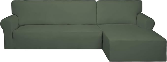 PureFit Super Stretch Sectional Couch Covers - 2 pcs Polyester and Spandex Non Slip Sofa Covers with Elastic Bottom for L Shape Sectional Sofa Couch (3 Seat Sofa + 2 Seat Chaise, Greyish Green)