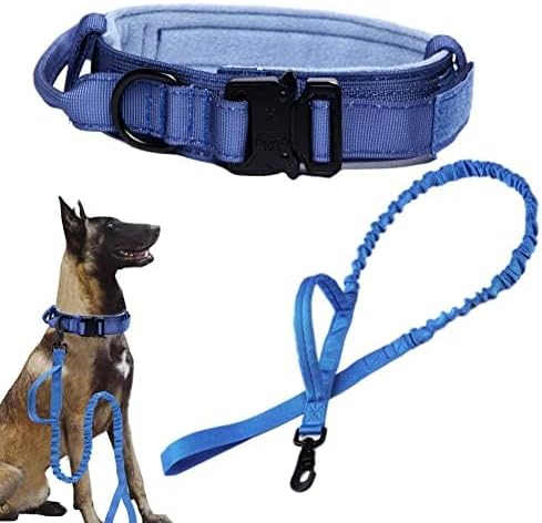 Tactical Dog Collar and Leash Set Adjustable Military Nylon Dog Collar with Control Handle and Heavy Duty Metal Buckle for Large Dogs（Dark Blue XXL