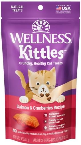 Wellness Kittles Crunchy Cat Treats, All Lifestages, Kitten to Senior, Natural, Grain Free, Salmon and Cranberry Flavor, 2 oz Bag