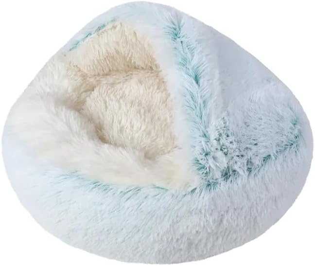 Cat Bed Round Fluffy Hooded Cat Bed Cave, Anti-Anxiety Cave Bed with Hooded Blanket, Cozy Cuddler Luxury Puppy Pet Bed, Anti-Slip Bottom and Machine Washable (Green, Medium)