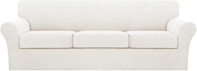 Turquoize 4 Piece Sofa Covers for 3 Cushion Couch Sofa Slipcover Soft Couch Cover for Dogs Washable Furniture Cover with 3 Individual Large Cushion Covers Feature Fabric (Large Sofa, Porcelain White)