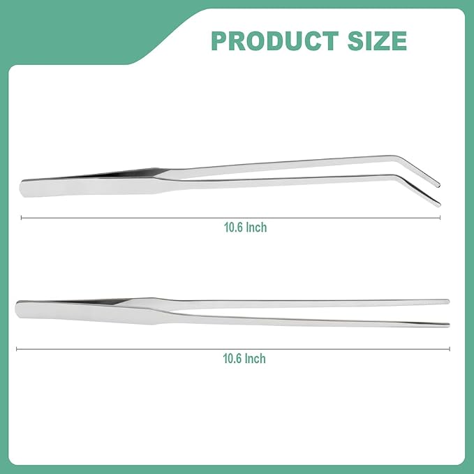 Syn-zer 2PCS Stainless Steel Reptile Feeding Tongs, 10.6 inch Straight and Curved Tweezers for Aquarium, Terrarium & Crafts Bearded Dragon Snake Tank Accessories, Planted Tank Tools Feeder for Lizards