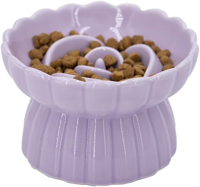 Ceramic Cat Slow Feeder, Raised Slow Feeder Cat Bowl, Anti Vomiting and Whisker Friendly Kitty Dish, Elevated Puppy Kitten Food Bowl for Dry and Wet Food (Purple)