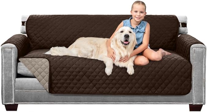 Sofa Shield® Couch Slip Covers for Dogs, Reversible Furniture Protector with Strap, Stain and Tear Resistant Cushion Cover, 70 inch Seat, Machine Washable Slipcover Pets, Cats, Chocolate Beige