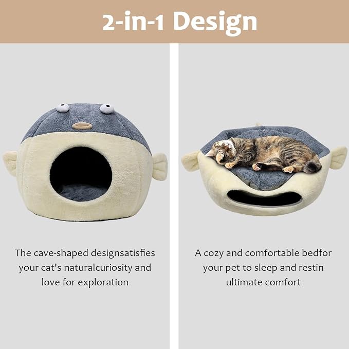 Cat Beds for Indoor Cats - 19.7'' Cute Animal-Shaped Larger Cat Cave Bed,Super Soft Calming cat Tent for Kitten&Puppy,Small Dog,Warm Plush&Machine Washable,Grey Multiple Sizes