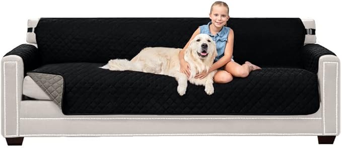 Sofa Shield® Couch Slip Covers for Dogs, Reversible Furniture Protector with Strap, Stain and Tear Resistant Cushion Cover, 88 inch Seat, Machine Washable Slipcover Pets, Cats, Black Gray