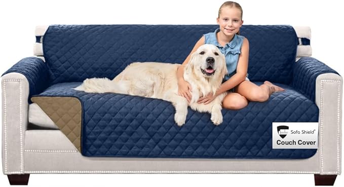 Sofa Shield® Couch Slip Covers for Dogs, Reversible Furniture Protector with Strap, Stain and Tear Resistant Cushion Cover, 70 inch Seat, Machine Washable Slipcover Dog Pets, Cats, Navy Sand