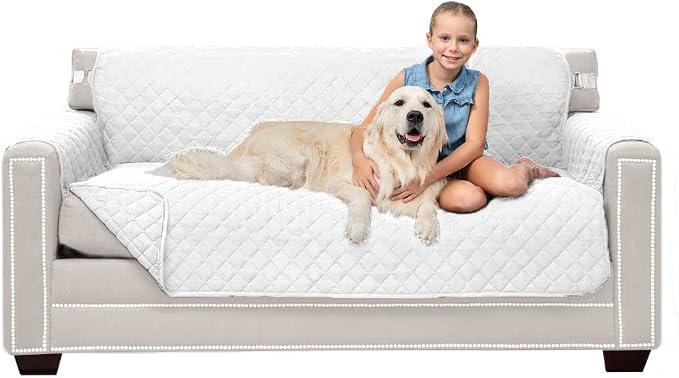 Sofa Shield® Couch Slip Covers for Dogs, Reversible Furniture Protector with Strap, Stain and Tear Resistant Cushion Cover, 62 inch Seat, Machine Washable Slipcovers Dog Pets, Cats, White