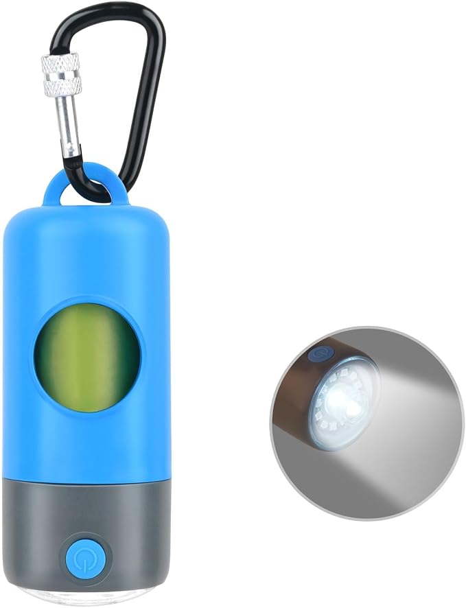 NOVKIN Rechargeable Dog Poop Bag Dispenser with LED Flashlight - Pet Waste Bag Holder for Leash with Carabiner Clip - Night Dog Walking Accessories & Safety Light, Includes 15 Extra Thick Waste Bags