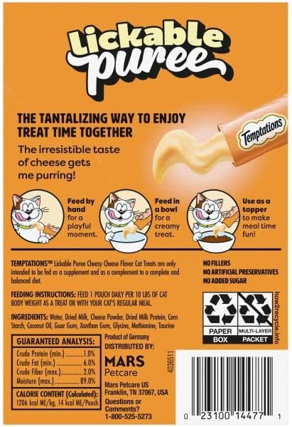 Temptations Creamy Puree Squeezable Lickable Cat Treats, Wet Cat Treats with Cheese, 0.42 oz. Tubes, 4 Count, Pack of 11 (44 Total)