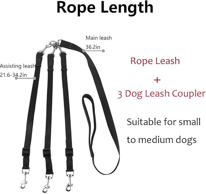 ASOCEA 3 Dog Leash - 3 in 1 Multiple Dog Leash with Detachable Swivel, Soft Padded Handle for Walking and Training Two or Three Dogs (Black)
