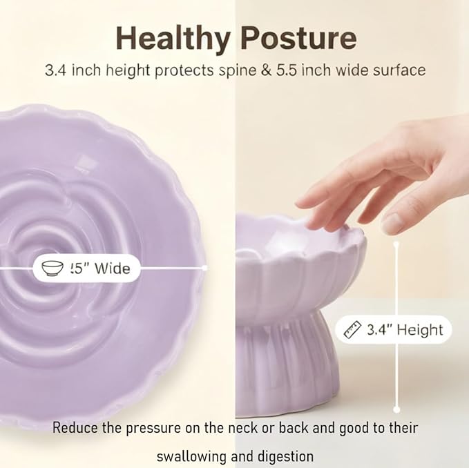 Ceramic Cat Slow Feeder, Raised Slow Feeder Cat Bowl, Anti Vomiting and Whisker Friendly Kitty Dish, Elevated Puppy Kitten Food Bowl for Dry and Wet Food (Purple)