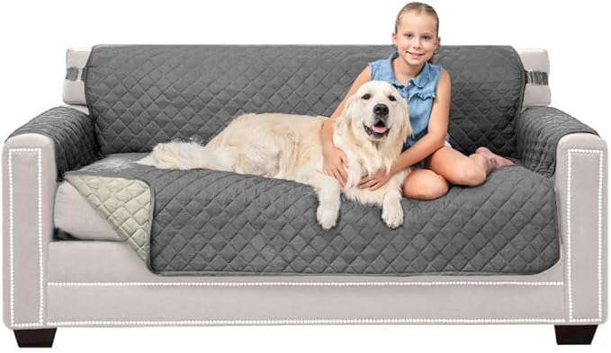 Sofa Shield® Couch Slip Covers for Dogs, Reversible Furniture Protector with Strap, Stain and Tear Resistant Cushion Cover, 62 inch Seat, Machine Washable Slipcover Pets, Cats, Charcoal Linen