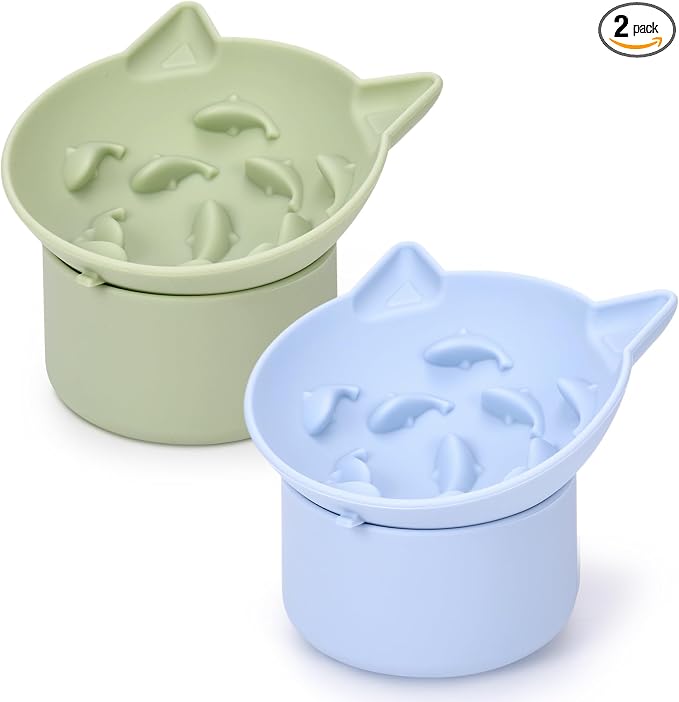 Funnymoom 2 Pack Silicone Cat Slow Feeder, Elevated Slow Feeder Cat Bowl for Dry and Wet Food, Tilted Design with Non Slip Base, Adjustable Angle for Pet(Green and Blue)