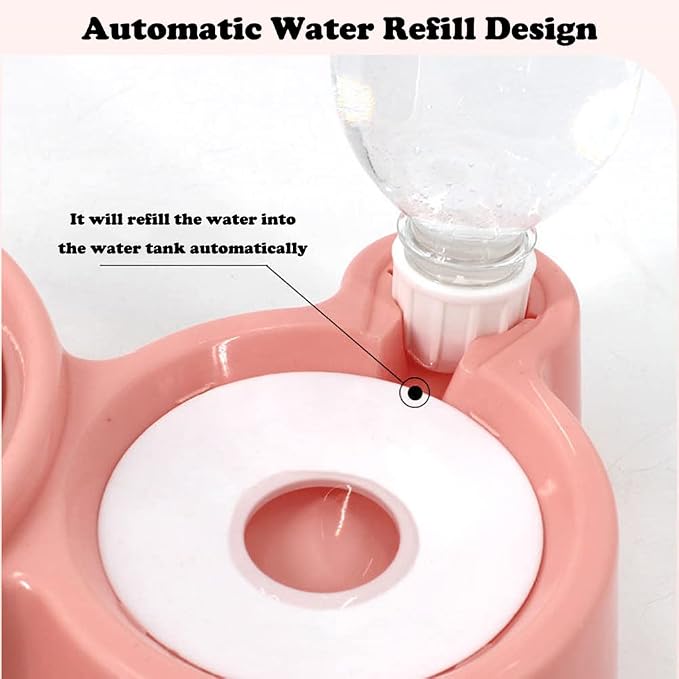 Double Dog Cat Bowls, Pets Water and Food Bowl Set with Detachable Stainless Steel Bowl, Automatic Water Dispenser Bottle No-Spill Pet Feeder for Cats Puppy and Small Dogs (Pink)