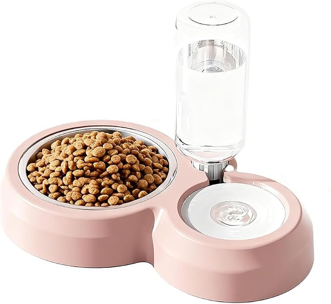 Double Dog Cat Bowls, Cat Food and Water Bowl Set with Auto-Water Dispenser and Stainless Steel Bowl Feeder for Small Size Dogs & Cats, Gift of Anti-Slip Mat, Chic Pink