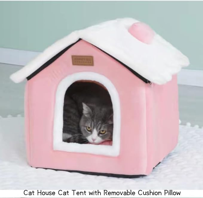 Cat Bed Cave, Cute Christmas Cat Beds for Indoor Cats, Xmas Pet House Cats Tent with Removable Cushion Pillow for Kittens Puppy Small Dogs (Pink-M(18 * 14.6 * 15.7in))