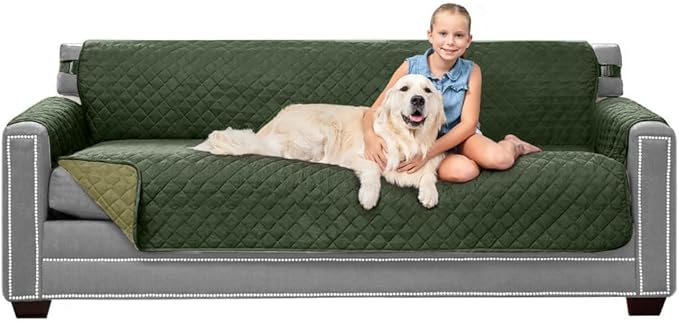 Sofa Shield® Couch Slip Covers for Dogs, Reversible Furniture Protector with Strap, Stain and Tear Resistant Cushion Cover, 78 inch Seat, Machine Washable Slipcover Pets, Cats, Hunter Green Sage