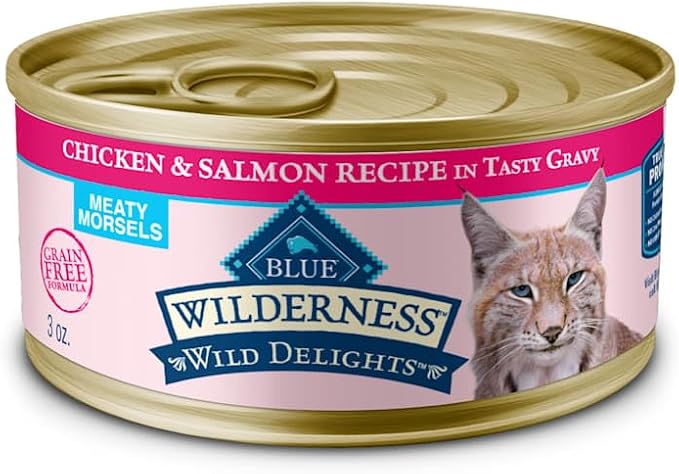 Blue Buffalo Wilderness Wild Delights Meaty Morsels Chicken & Salmon in Tasty Gravy Adult Wet Cat Food, High-Protein & Grain-Free Recipe with Natural Ingredients, 3-oz. Cans (24 Count)
