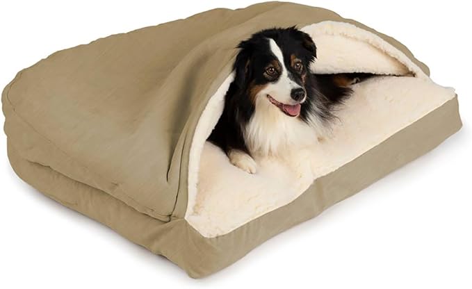 Snoozer Rectangle Cozy Cave Dog Bed - Indoor Dog Bed with Cover Cave, Covered Calming Burrow for Large Sized Pets with Blanket Attached, Enclosed, Washable Cover - XL, Khaki