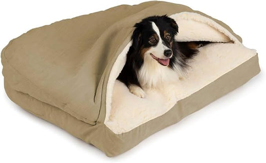 Snoozer Rectangle Cozy Cave Dog Bed - Indoor Dog Bed with Cover Cave, Covered Calming Burrow for Large Sized Pets with Blanket Attached, Enclosed, Washable Cover - XL, Khaki