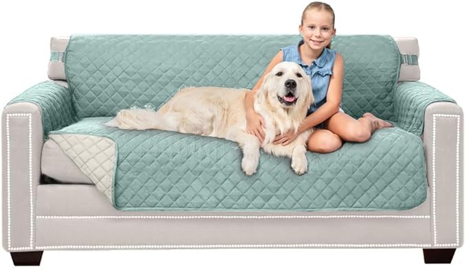 Sofa Shield® Couch Slip Covers for Dogs, Reversible Furniture Protector with Strap, Stain and Tear Resistant Cushion Cover, 62 inch Seat, Machine Washable Slipcover Pets, Cats, Seafoam Cream