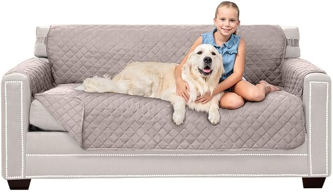 Sofa Shield® Couch Slip Covers for Dogs, Reversible Furniture Protector with Strap, Stain and Tear Resistant Cushion Cover, 62 inch Seat, Machine Washable Slipcover Pets, Cats, Light Taupe