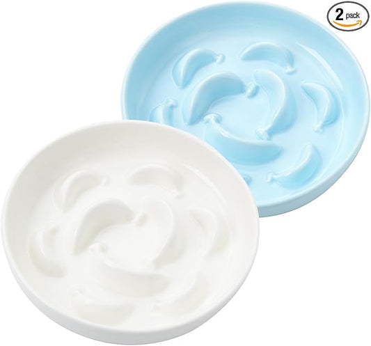 Cat Slow Feeder Bowl Set - 2 Pcs Ceramic Cat Food Plates for Slow Eating - Double Cat Dish for Dry Wet Food - Slow Feeding Cat Bowls Whisker Friendly - Microwave and Dishwasher Safe - White and Blue