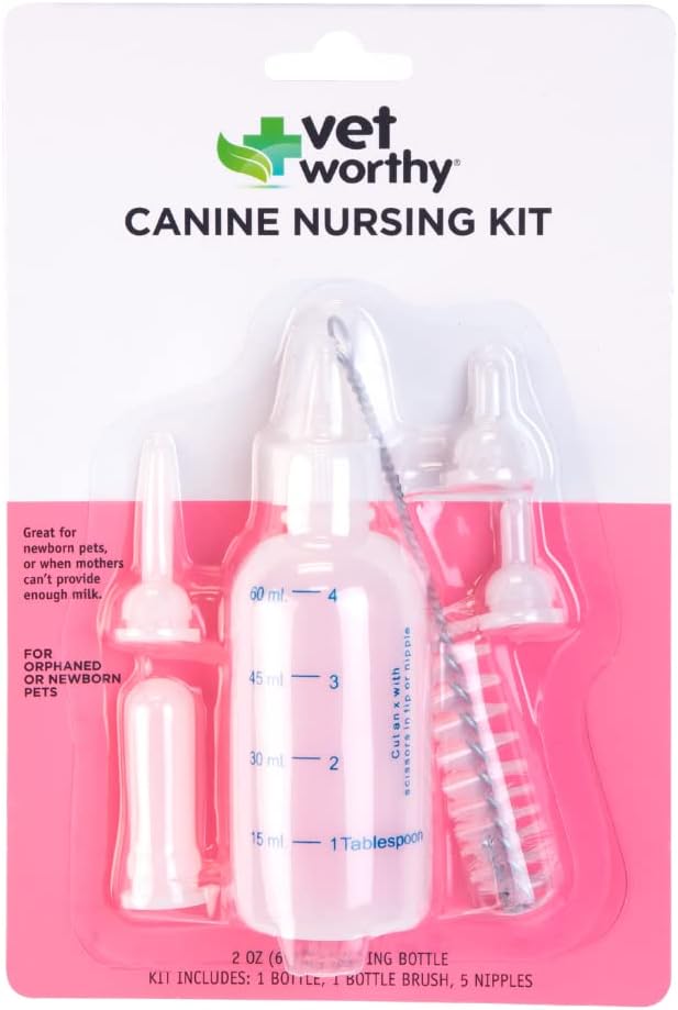 VetWorthy 7-Piece Canine Nursing Kit - Dog Nursing Set for Orphaned and Newborn Puppies - Pet Feeding Support Kit with Feeding Bottle, Milk Bottle Brush, and 5 Nipples