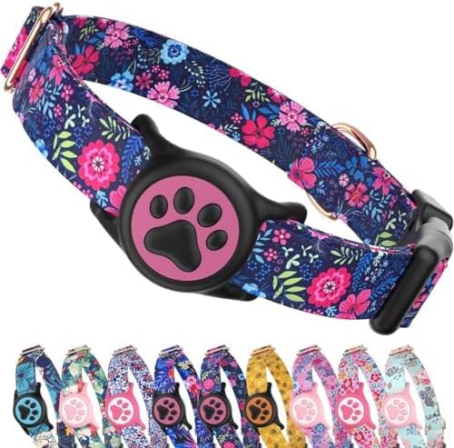 Airtag Dog Collar,with Waterproof airtag Holder，Original Stylish Cute Pattern Design.QR Code ID Buckle，Comfortable Soft Cotton for Small Medium Large Dogs