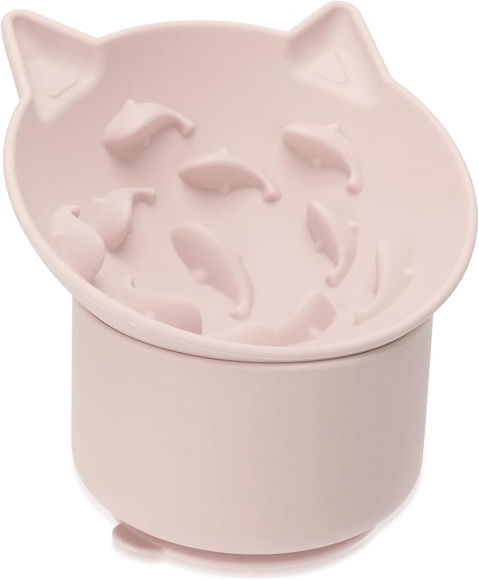 Silicone Cat Slow Feeder, Elevated Slow Feeder Bowl Tilt Design, Suitable for Dry and Wet Food, Adjustable Angle, Cat Food Puzzle with Suction Cup(Pink)