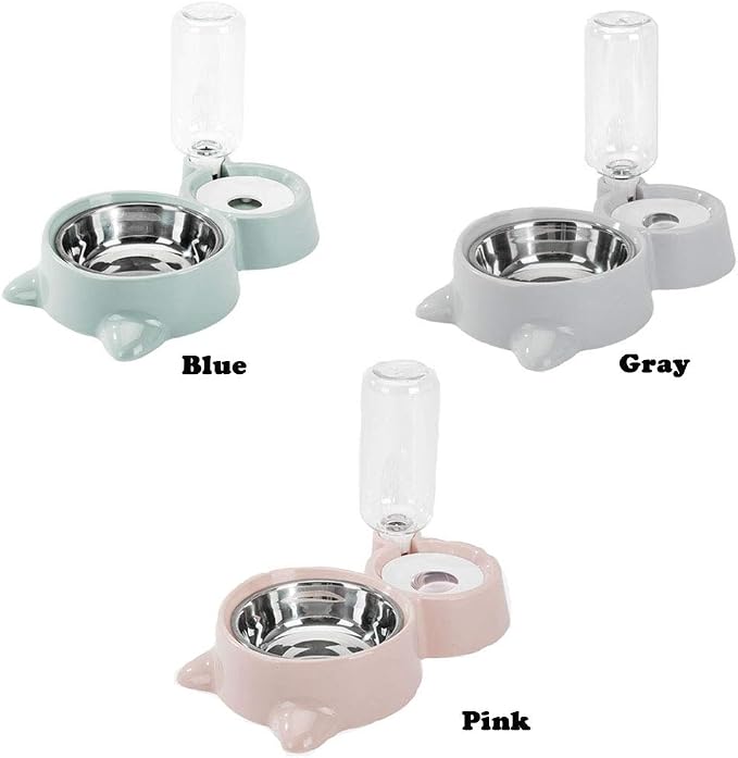 Double Dog Cat Bowls, Pets Water and Food Bowl Set with Detachable Stainless Steel Bowl, Automatic Water Dispenser Bottle No-Spill Pet Feeder for Cats Puppy and Small Dogs (Pink)