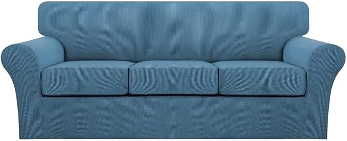 Turquoize 4 Piece Sofa Covers for 3 Cushion Couch Sofa Slipcover Soft Couch Cover for Dogs Washable Furniture Cover with 3 Individual Large Cushion Covers Feature Fabric (Large Sofa, Dusty Blue)