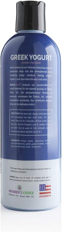 Bark2Basics Blueberry Greek Yogurt Shampoo, 16 oz - Protein Pet Shampoo, Natural Ingredients, Restores Moisture to Dry Coats, Soothes Dry Itchy Skin, 16:1 Concentrated, Professional