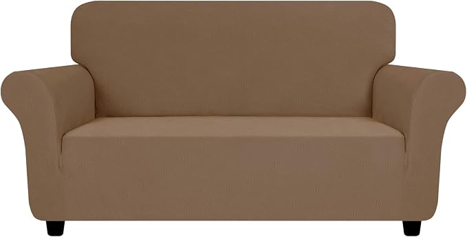 ZNSAYOTX Super Stretch Loveseat Covers (57"-70"), New Striped Love Seat Slipcover, Dogs Pet Friendly Anti-Slip Couch Protector Spandex Durable 2 Seater Fabric Sofa Cover (Light Coffee, Loveseat)