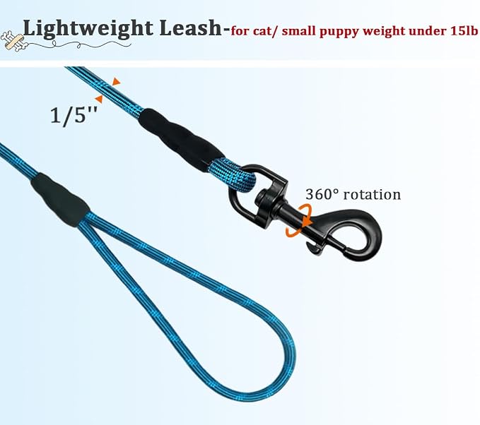 WYuZe Reflective X-Small Dog Leash 6/10/15 FT, Thin 1/5" Lightweight Rope Leash for Puppy Training, Walking Leads for Cats Chihuahua Maltese Small Pets Up to 15lb (6FT x1/5", Blue)
