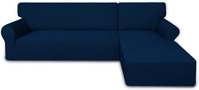PureFit Super Stretch Sectional Couch Covers - 2 pcs Spandex Non Slip Sofa Covers with Elastic Bottom for L Shape Sectional Sofa Couch, Great for Kids & Pets (3 Seat Sofa + 3 Seat Chaise, Navy)