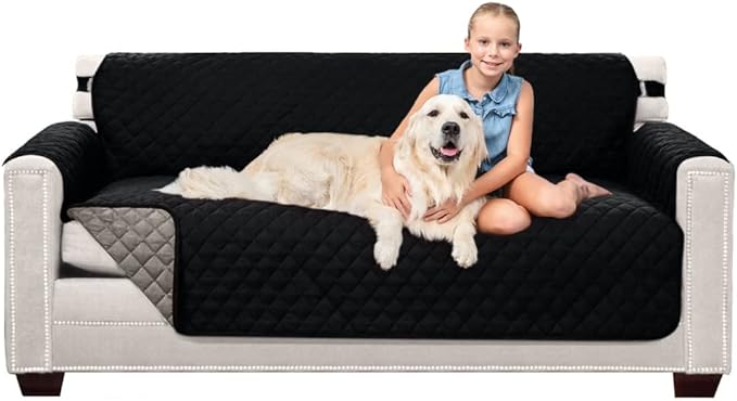 Sofa Shield® Couch Slip Covers for Dogs, Reversible Furniture Protector with Strap, Stain and Tear Resistant Cushion Cover, 70 inch Seat, Machine Washable Slipcover Pets, Cats, Black Gray