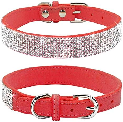 Rhinestone Dog Collar, Cute Dazzling Sparkling Soft Suede Leather Dog Cat Rhinestone Collar Crystal Diamond Pet Dog Puppy Collar(Red,XS)