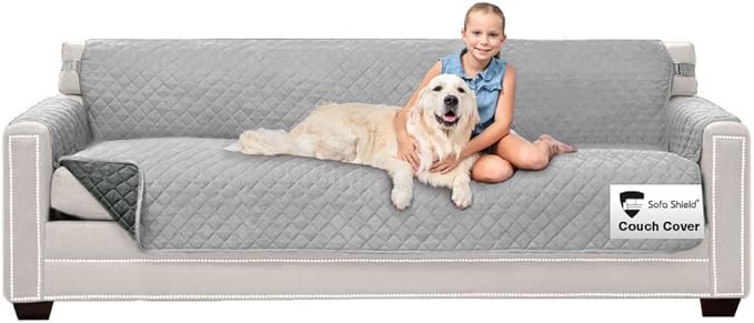 Sofa Shield® Couch Slip Covers for Dogs, Reversible Furniture Protector with Strap, Stain and Tear Resistant Cushion Cover, 88 inch Seat, Machine Washable Slipcover Pets, Cats, Light Gray Charcoal
