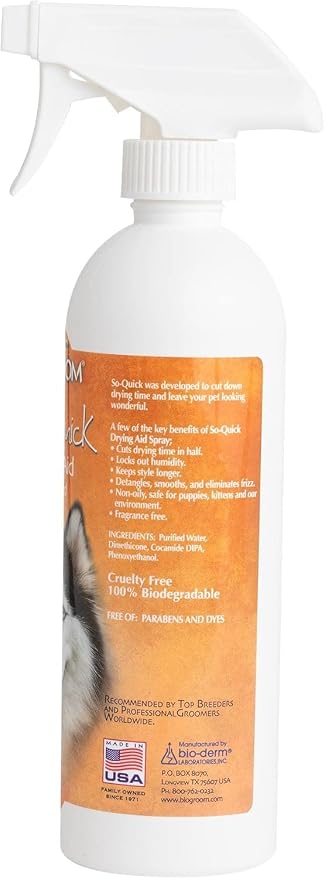Bio-Groom So Quick Dry Dog Spray - Detangler Spray for Dogs & Cats, Shortens Drying Time, Unscented, Cruelty-Free, Made in USA, Dog Grooming Products - 16 fl oz 1-Pack