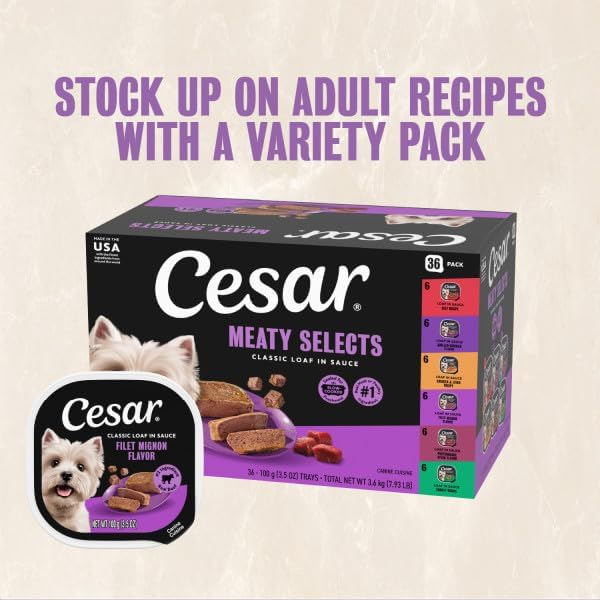 Cesar Wet Dog Food Classic Loaf in Sauce Grilled Chicken, Filet Mignon, Porterhouse Steak, Beef, Chicken & Liver and Turkey Variety Pack 3.5 oz. Easy Peel Trays (36 Count, Pack of 1)