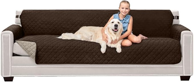 Sofa Shield® Couch Slip Covers for Dogs, Reversible Furniture Protector with Strap, Stain and Tear Resistant Cushion Cover, 88 inch Seat, Machine Washable Slipcover Pets, Cats, Chocolate Beige
