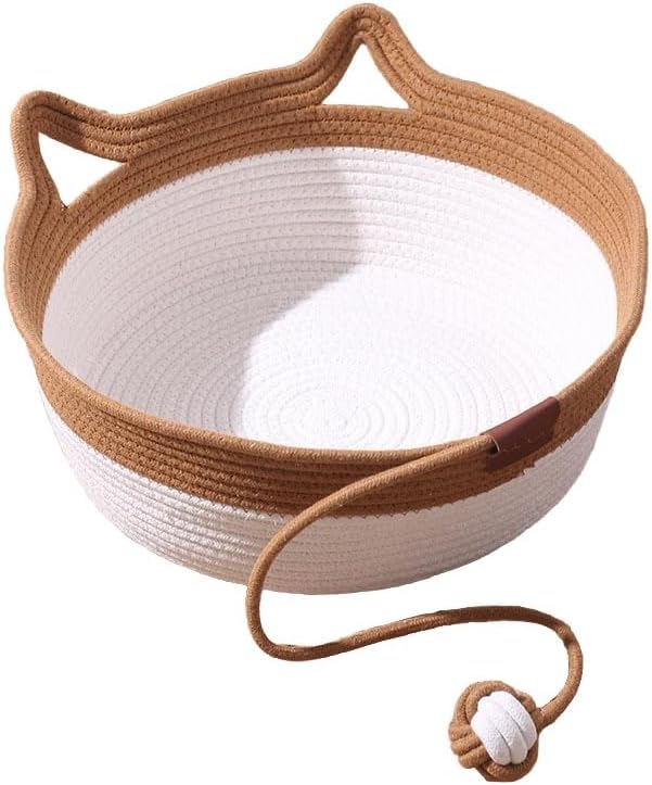 Instinct Basket for Cats & Cotton pad Stimuli Cat Bed with Toy Tail Cats Ear Design Breathable All Season Universal Scratch-Resistant (Caramel Color, S)