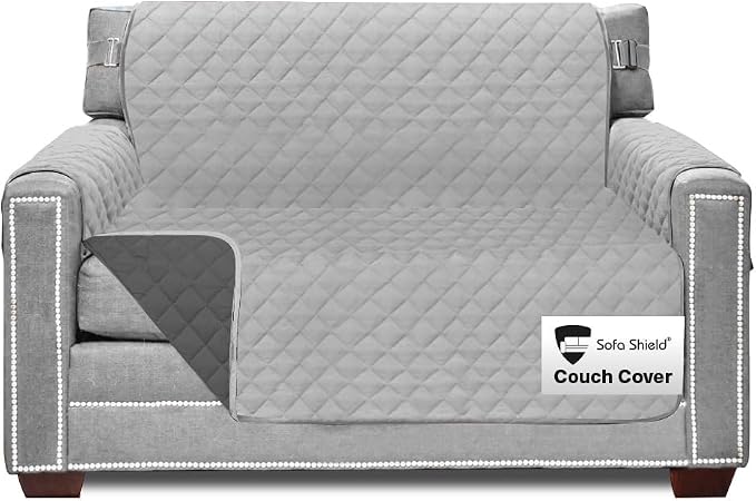 Sofa Shield® Couch Armchair Covers for Dogs, Reversible Furniture Protector with Strap, Stain and Tear Resistant Cushion Cover, 48 inch Seat, Machine Washable Slipcover Pets, Cats, Light Gray Charcoal